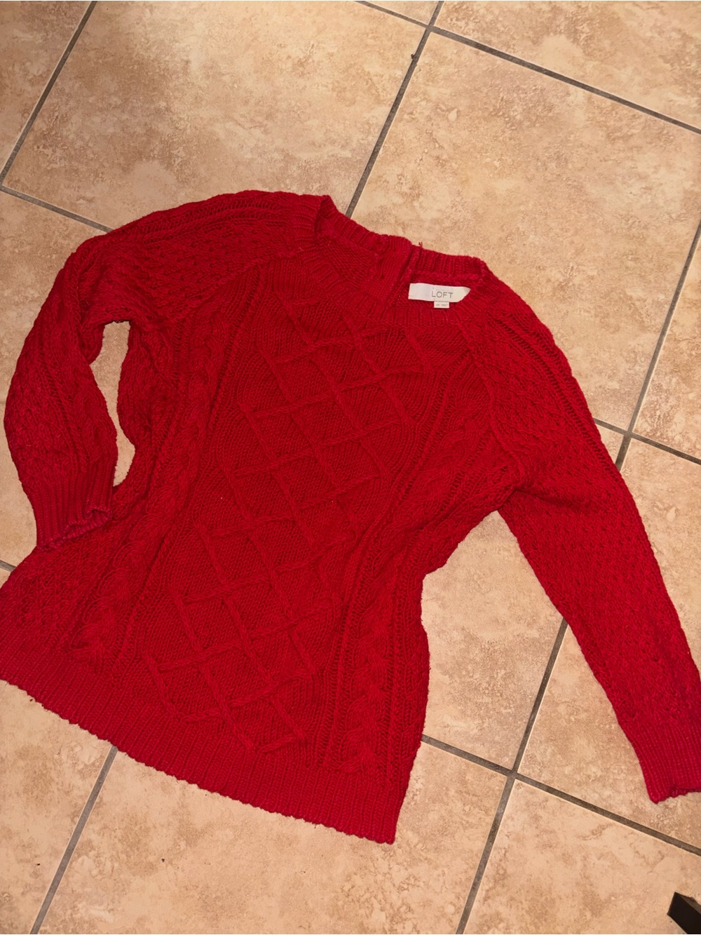 LOFT Red Cable-Knit V-Neck Sweater
